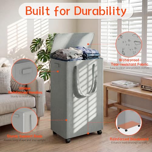 Image of Slim Laundry Hamper with Wheels,20 Gal (75L) Rolling Laundry Basket with lid and wheels Clothes Hamper Foldable Tall Dirty Clothes Basket Sturdy Collapsible Clothes Hamper for Dorm,Laundry Room