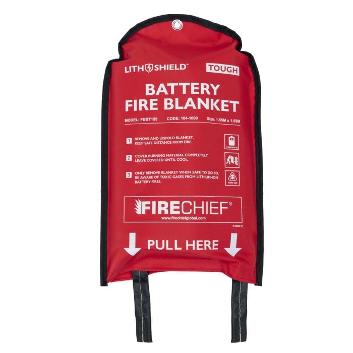 Firechief LithShield - Manta ignífuga con batería resistente de 1,55 x 1,55 m (FBBT155), aprobada por DIN 91489, soporta hasta 1300 °C, ligera y fácil de usar, reduce los humos tóxicos