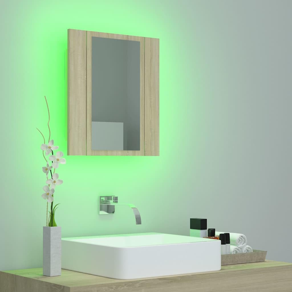 Szafka łazienkowa z lustrem LED, drewno dębowe Sonoma, 40 x 12 x 45 cm, światło RGB, akrylowe lustro, montaż ścienny do łazienki i WC dla gości łącznie z oświetleniem LED, nadaje się do