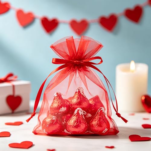 Image of joycraft 50Pcs Hot Red Organza Bags - 2.7x3.5 In Sheer Holiday Drawstring Mesh Pouch, Small Party Favor Bags for Halloween, Christmas, Small Business, Jewelry Diaplay