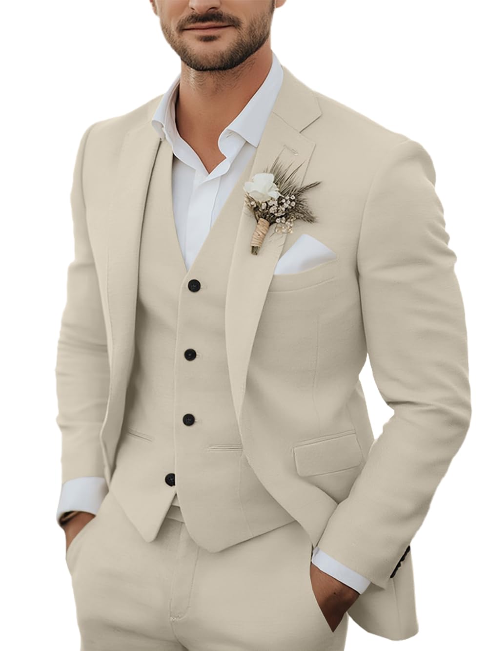 Photo 1 of Men's 3 Piece Linen Suits Casual Lightweight Blazer Jackets Vest Pants Set for Wedding Business Prom Suit Light Champagne XXL