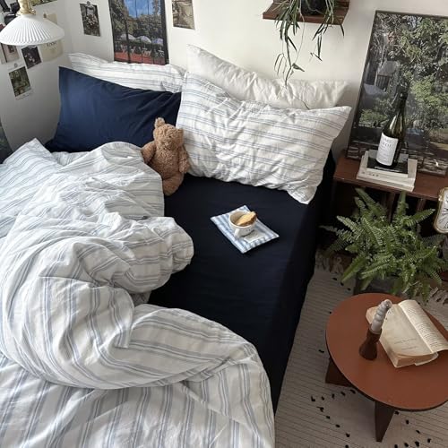Image of MKXI Twin Size Duvet Cover Set - 100% Washed Cotton Blue & White Striped Bedding, Soft & Breathable 3-Piece Set with Zipper Closure & Corner Ties, Modern Coastal Vintage Style