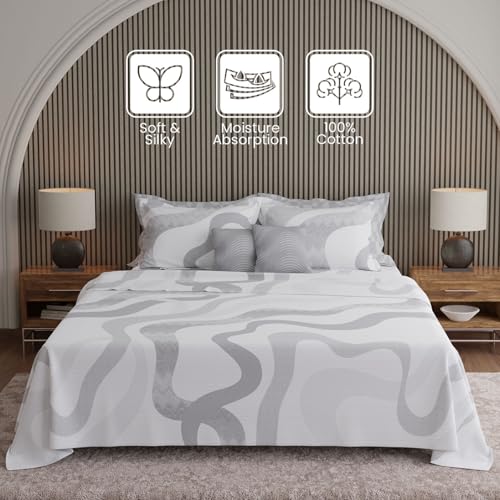 Image of BOUTIQUE LIVING Luxe Loom Weavers Gallore 100% Cotton 600 TC Grey & White Abstract /Solid King Bedsheet Set