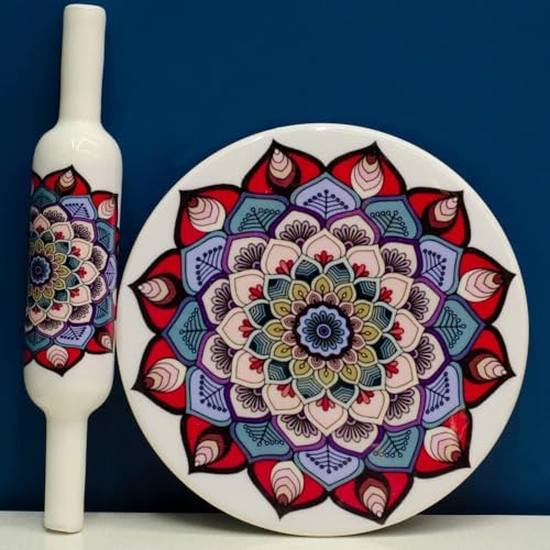 Image of Marble Chakla Belan Set - 25.4 cm Board / 30.5 cm Rolling Pin | Pink Mandala | Traditional Roti Rolling Board and Pin Set | Smooth Finish Kitchen Tool for Chapati, Paratha & Puri