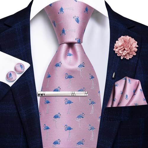 Image of Hi-Tie Light Pink Blue Flamingo Jacquard Men's Tie Sets Classic Necktie and Pocket Square Lapel Pin Silver Tie Clip Cufflinks Set Wedding Business 6PCS