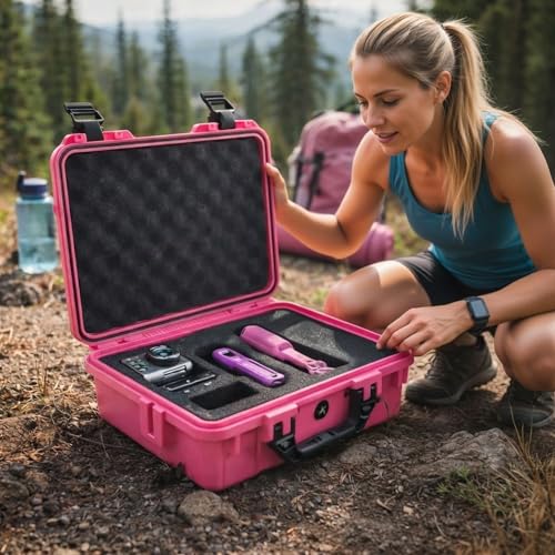 Image of Relaxweex 1 Pcs 11.3 x 8.6 x 4.2 Inch Waterproof Hard Case with DIY Customizable Foam Insert Portable Protective Case with Knife for Camera Drones Equipments Tools Test Instruments(Rose Red)