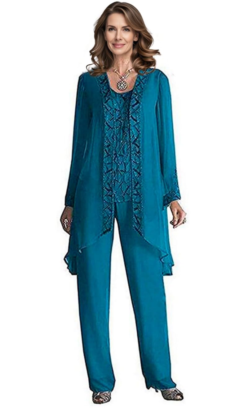 Women's Mother of The Bride Pant Suits 3 Pieces Chiffon Outfit Sets for Wedding Pant Suit with Jacket GroundMother Teal