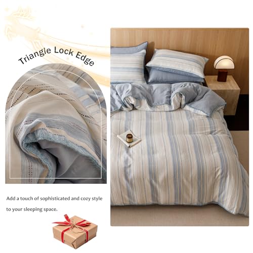 Image of VM VOUGEMARKET Blue White Stripes Duvet Cover King 100% Cotton Muslin Duvet Cover Embroidered Cozy Simple Modern Bedding Set for Men Women