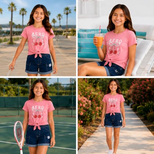 Image of AEROPOSTALE Girls Shorts Set - 2 Piece Soft Short Sleeve Graphic Tees and Twill or Denim Shorts Summer Outfits for Girls