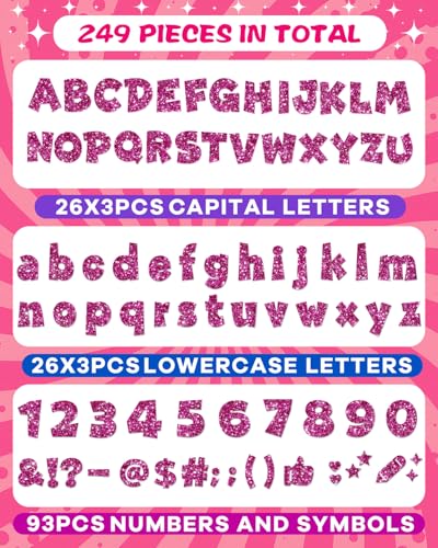 Image of 249 Pcs Glitter Bulletin Board Letters, Numbers and Punctuation 4 Inch | Cut Out Letters for Bulletin Board Decorations, Poster Board Letters Alphabet Cutouts for Classroom Wall Decor (Hot Pink)