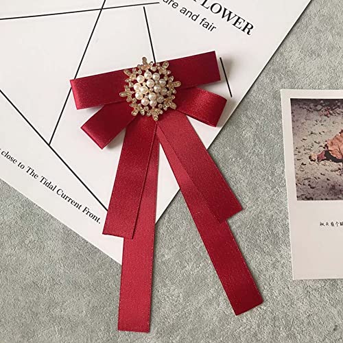 Image of Women Elegant Pearl Ribbon Bow tie Brooches Pin Jewelry Pre-Tied Collar Neck Tie Clip for Lady Girls Wedding Party