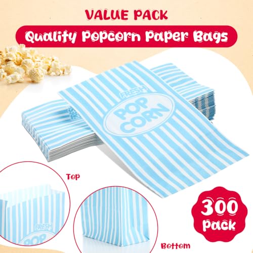 Image of Potchen 300 Pcs Paper Popcorn Bags Bulk 2 oz Large Individual Serving Popcorn Bag Flat Bottom Disposable Container Vintage for Movie Night Themed Summer Back to School Party Carnival (Light Blue)