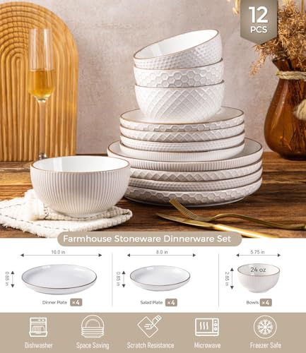 Image of GBHOME Dinnerware Sets for 4, Farmhouse Style Stoneware Plates and Bowls Sets, 12 Pieces Embossed Scratch Resistant Dishes, Dishwasher & Microwave Safe, Off-White