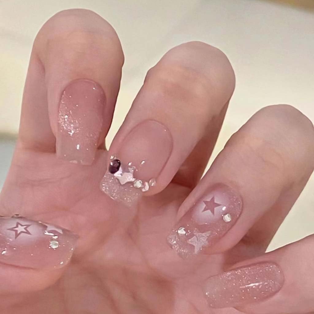 RikView Coffin Press on Nails Medium Fake Nails Nude Nails with Star Rhinestones Glossy Full Cover Nails for Women 24 PCs/Set