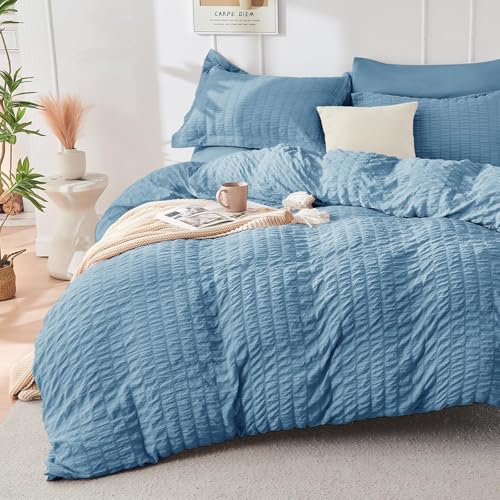 Image of HYMOKEGE Mineral Blue King Size Comforter Set Seersucker 7 Pieces, All Season Luxury Bed in a Bag for Bedroom, Bedding Set with Comforter, Sheets, Pillowcases & Shams