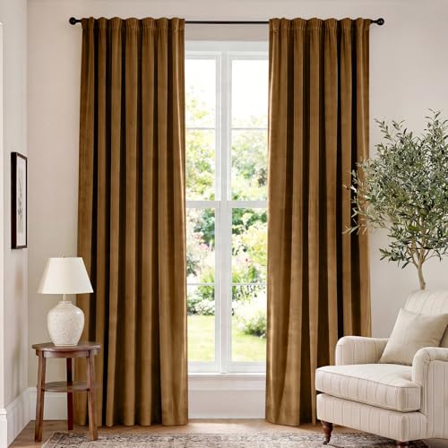 Image of Blackout Golden Brown Velvet Curtains Rod Pocket 62x84 Inch 2 Panels | Soft Velvet, For Bedroom & Living Space, Light Shifting Texture, Elegant Luxury Drape, Rich