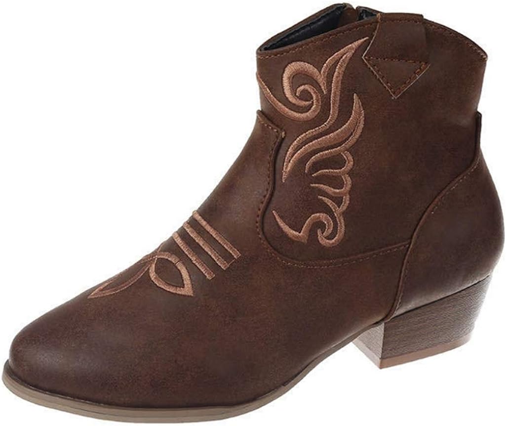 ドドシューズ 大きいサイズ ウエスタンブーツ レディース 靴 21秋冬新作 ブーツ ウエスタン 刺繍 ウッドヒール 木目 痛くない 秋冬 ポインテッドトゥ 太ヒール ブーティ チャンキーヒール スリム ジップアップ 着痩せ サイドジッパー 脚長効果 秋ブーツ 5cm