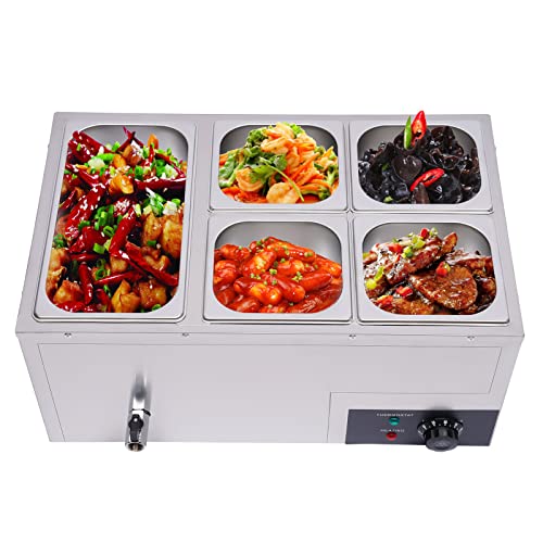 600W Commercial Electric Food Warmer Countertop Steam Table 5-Pan Stainless Steel Bain Marie with Lid for Catering Restaurants