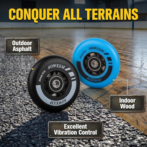 AOWESM Inline Skate Wheels 80mm 76mm 72mm 85a Outdoor Indoor Roller Blade Wheel Black Blue Red Roller Hockey Replacement Wheels w/Bearings ABEC-9 and Floating Spacers (8-Pack) (Blue, 80mm) - Thumbnail 5