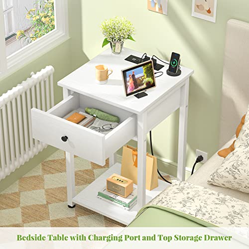 Ecoprsio Nightstand With Charging Station, White End Table Side Table With Usb Ports, Wood Night Stand, White Bedside Table With Drawer And Shelf For Bedroom, Living Room, Sofa Couch, Hall, White #TOP5