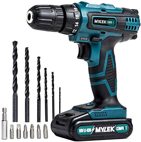 MYLEK 18V Cordless Drill - Lithium Ion Drills Driver Screwdriver Set - 13 Piece Combi Accessory Kit - LED Worklight, 18 Volts