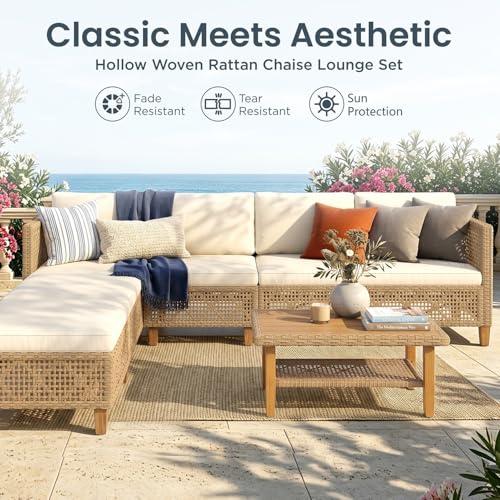 Image of PHI VILLA Outdoor Sectional Sofa, Small Rattan Patio Furniture Set, Beige