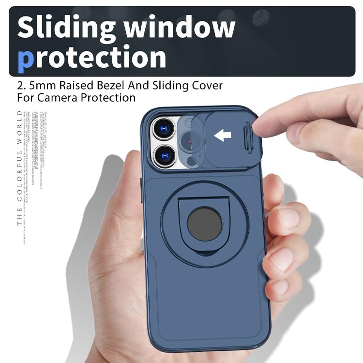 Image of LuxuryKase MagSafe Shockproof Rugged Back Case for iPhone 16 Pro | Finger Ring Kickstand & Sliding Camera Cover | Military Drop Protection | Wireless Charging Support - Blue