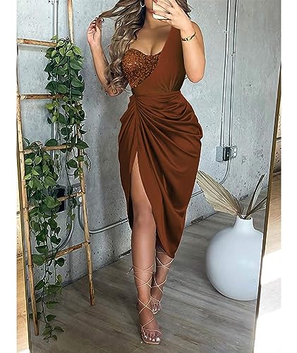 Image of xxxiticat Women's Ruched Midi Dress Sleeveless Spaghetti Straps One Shoulder Asymmetric High Split Slip Party Dress