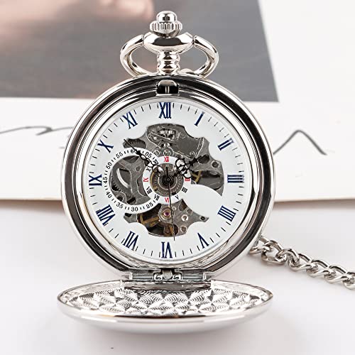 Image of Mens Pocket Watch Skeleton Mechanical Hand Winding Half Hunter Silver Black Golden Case Roman Numerals with Gift Box