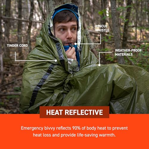 S.O.L. Survive Outdoors Longer 90% Emergency Bivvy - Comes with Survival Whistle & Tinder Paracord Drawstring - Hiking Gear - Waterproof, Windproof & Tear-Resistant - 3.8 oz, Green