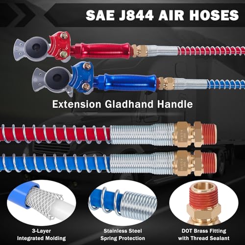 Image of CheeMuii 15 FT Coiled Semi Truck Air Lines Kit with Tender Spring Kit and Gladhands with Handles & Holder 3-in-1 Air Brake Hoses & 7 Way Trailer Cord for Semi Truck Trailer Tractor