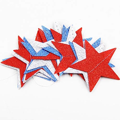 JEYE Guirnalda de estrellas patrióticas para colgar en color rojo, plateado y azul, decoración para colgar en banderines de papel con estrellas