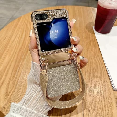 Étui Z Flip 5 pailleté doré avec cordon amovible et protection anti-rayures pour écran pliable
