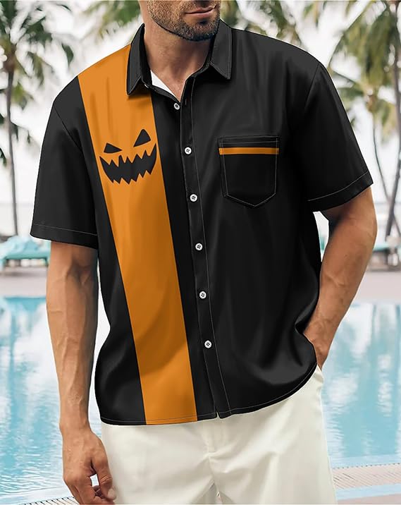 Hawaiian Bowling Shirt for Men Beach Shirt Casual Short Sleeve Button Down Shirts Halloween Face Print Shirt Aloha Resort Shirts 5XL