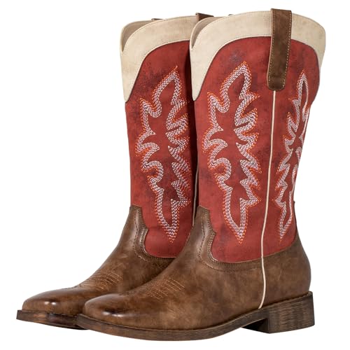 Image of SheSole Square Toe Cowgirl Boots for Women - Wide Calf, Lightweight, Pull-On, Embroidered with Hidden Elastic, Perfect for Country Concerts, Work, Travel, and a Night Out