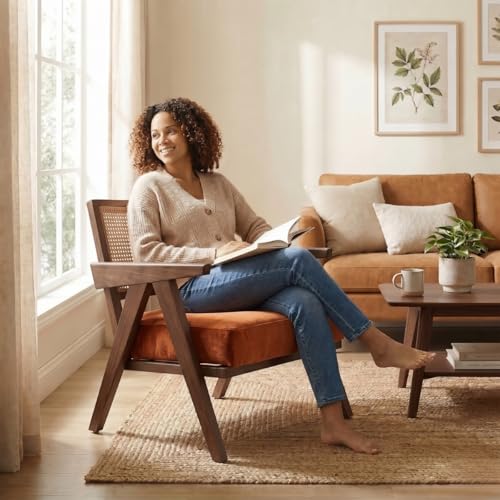 Image of Kingsman Furnitures ABEL Rattan Teak Wood Accent Arm Chair for Home Bedroom, Living, Dining, Drawing Room | Ultra Soft and Comfortable for Stress Free | Removable Cushion (Walnut Burnt Orange)
