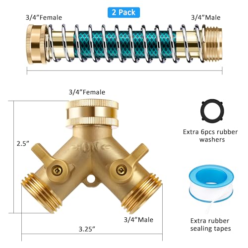 IPOW 2 Pcs Extension Garden Hose with 3/4" Brass 2 Way Hose Splitter Heavy Duty 2 Way Y Valve Garden Hose and 6 Rubber Washers - Thumbnail 2