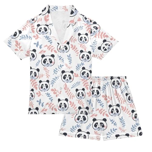 Panda with Colored Leaf Summer Satin Pajama Set, Cute Button-Down Sleepwear Pj Set for Sleep Wears