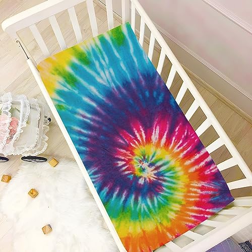 Image of Tie Dye Rainbow Crib Sheets Soft Breathable Fitted Baby Playard Sheets Mattress Cover for Girl Boys, 39 inch x 27 inch x 5 inch