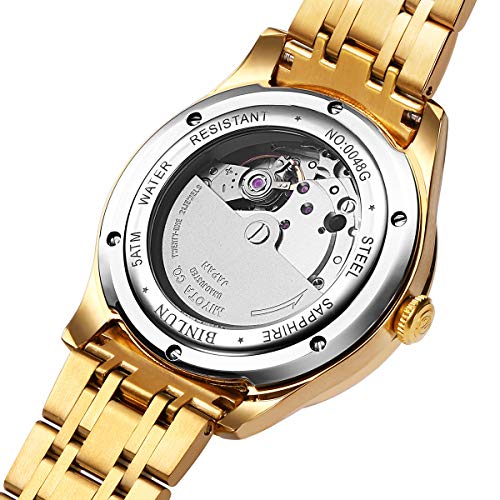 Image of BINLUN Men's Automatic Gold Watches 18K Gold Plated Diamond Mechanical Watch Waterproof Stainless Steel Skeleton Wrist Watch for Men