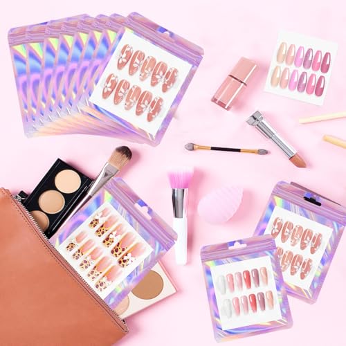 Image of 50 PCS Nails Packaging Bags with Nail Stand for Fake Nail, Holographic Press On Nail Storage Container Nail Art Kit for Diy Design, Nail Cardboards with 2 Double-sided Tape Salon Home Pink