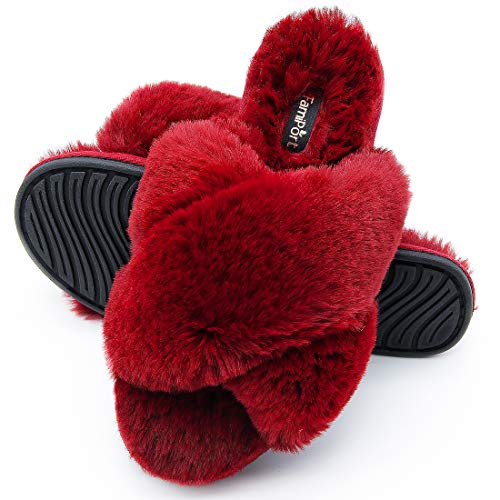 FamiPort Fuzzy Slippers for Women Burgundy Bunny Fur Cross-Band Slippers Cushioned Non-Slip Indoor/Outdoor Slippers Size 8~9 L