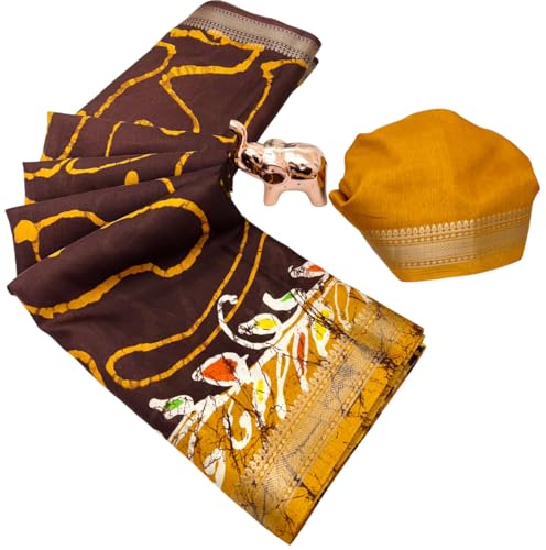 Image of Kalamkari Floral Prints Dola Silk Saree With Rich Zari Border Designer Pallu Attach Blouse Piece