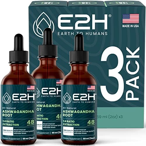 E2H Ashwagandha Liquid Drops – All-Natural Ashwagandha Supplement for Stress Relief and Mood Enhancer- Organic Ashwagandha Root Extract Effective Cortisol Manager | Non-GMO, Vegan (3 Bottles)