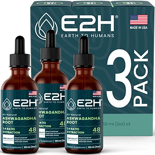 E2H Ashwagandha Liquid Drops - All-Natural Ashwagandha Supplement for Stress Relief and Mood Enhancer- Organic Ashwagandha Root Extract Effective Cortisol Manager | Non-GMO, Vegan (3 Bottles)