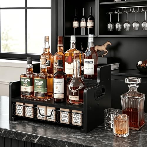 Image of Homode Coffee Syrup Organizer Rack, 3-Tier Syrup Holder Stand with 35 K Cup Storage Drawer, 8 Bottles Capacity, Wood Shelf Liquor Wine Rack for Coffee Bar Countertop, Black
