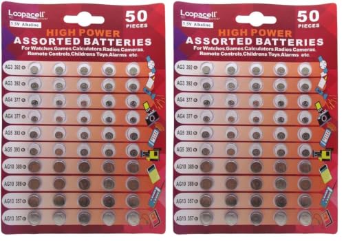 Image of LOOPACELL High Power Super Alkaline Button Cell Assorted 1.5V Battery AG3 /LR41 AG4 /LR626 AG5 /LR754 AG10 /LR1130 AG13 /LR44,50 Count (Pack of 2)
