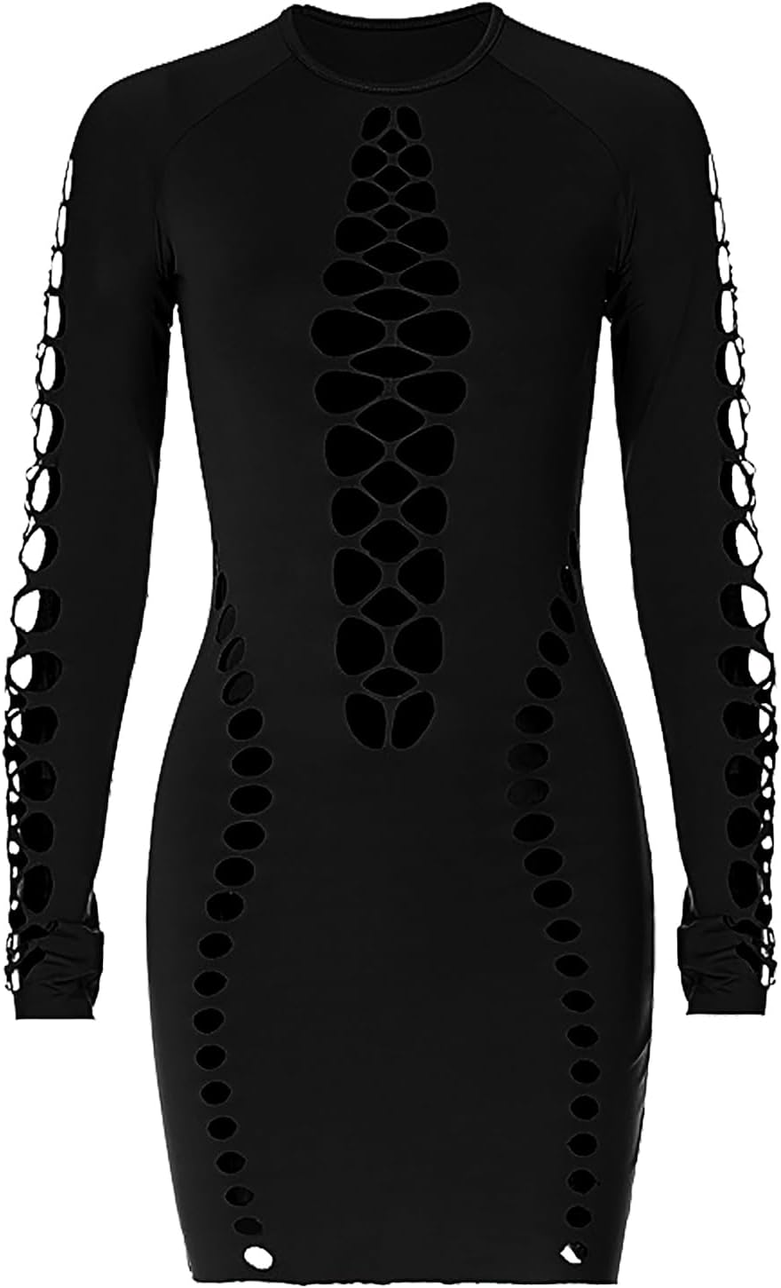 ITODA Women Sexy Hollow Up Nightclub Dress Bodycon Club Mini Dress Long Sleeve Party Clubwear Dress - Image 6