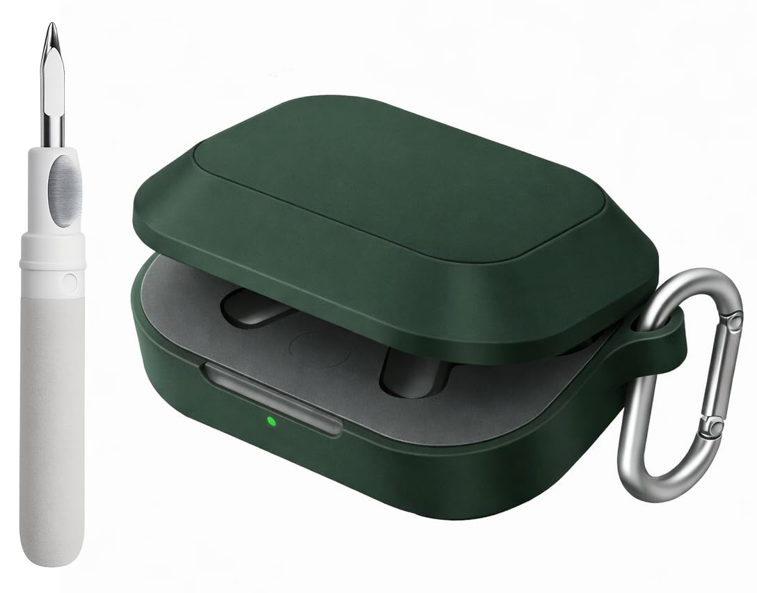 Silicone Case Cover for Realme Buds Air 8 with Heavy Duty Carabiner & Earphone Cleaning Pen (Dark Green)-image-4