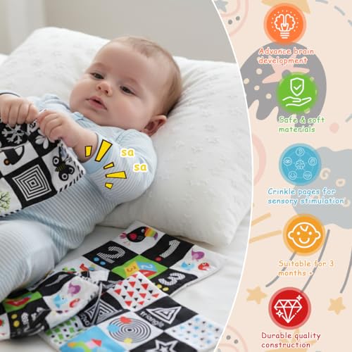 Image of SNOWIE SOFT 3Pcs Tummy Time Toys for Babies, Colored Baby Toys for 6 to 12 Months with 9-Grid Double-Sided Cartoon Printed Crinkle Fabric Handkerchief for Visual Sensory Development, Washable